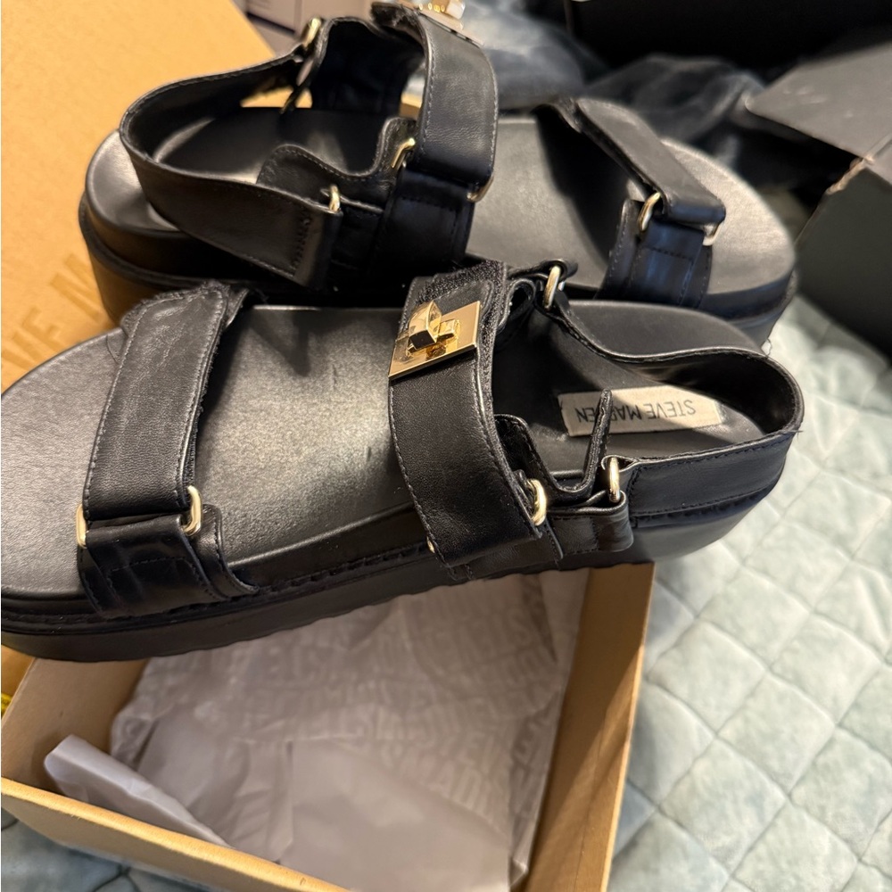 Steve Madden Black Sandals with Gold Accents